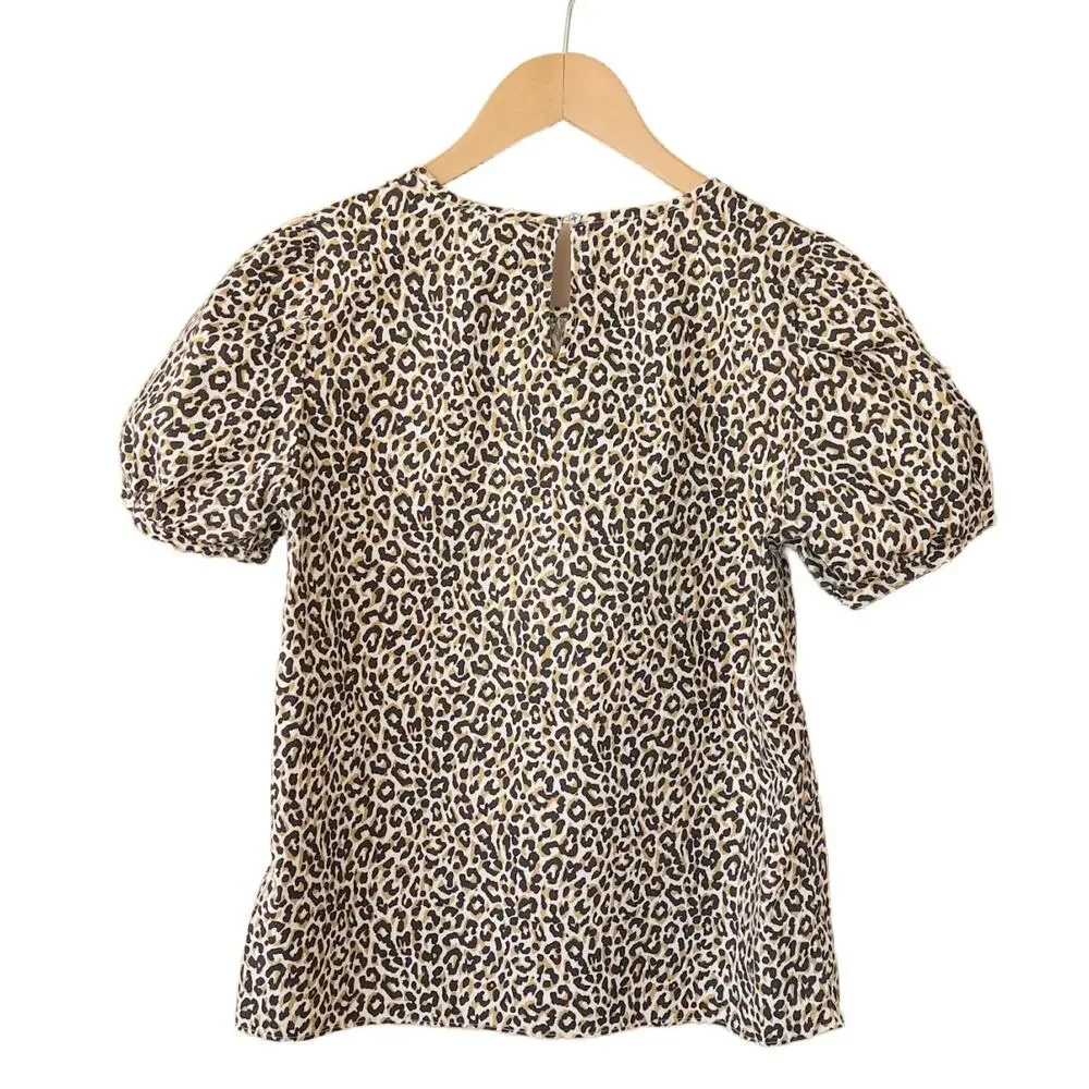 J CREW Leopard Puff-sleeve Top XS (runs big)  Stretch Cotton Poplin Tan Black